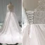 Illusion Ivory Satin Wedding Dresses 2019 A-Line / Princess Deep V-Neck Long Sleeve Backless Pearl Beading Chapel Train Ruffle