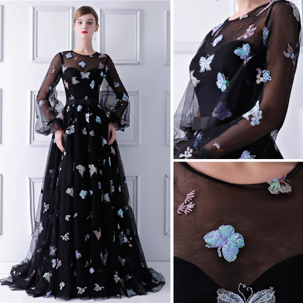 Romantique Noire Transparentes Robe De Soirée 2019 Princesse Encolure Dégagée Gonflée Manches Longues Appliques Paillettes Brodé Train De Balayage Volants Robe De Ceremonie