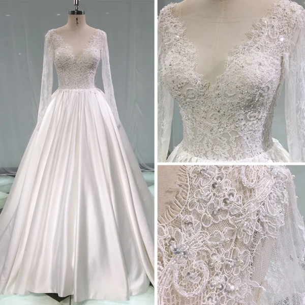Illusion Ivory Satin Wedding Dresses 2019 A-Line / Princess Deep V-Neck Long Sleeve Backless Pearl Beading Chapel Train Ruffle