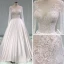 Illusion Ivory Satin Wedding Dresses 2019 A-Line / Princess Deep V-Neck Long Sleeve Backless Pearl Beading Chapel Train Ruffle