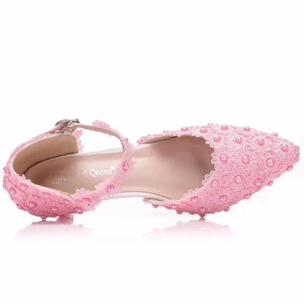 Chic / Belle Blanche En Dentelle Fleur Chaussures Femmes 2022 Promo Perle 5 cm Talons Aiguilles À Bout Pointu Chaussures Femmes Talons Hauts
