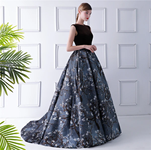 Modern / Fashion Brown Prom Dresses 2019 Ball Gown Scoop Neck Sleeveless Printing Flower Satin Court Train Ruffle Formal Dresses