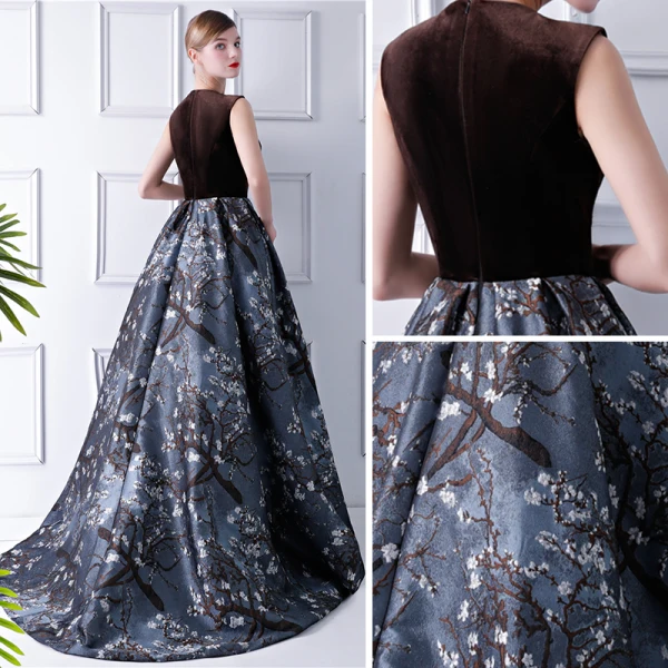 Modern / Fashion Brown Prom Dresses 2019 Ball Gown Scoop Neck Sleeveless Printing Flower Satin Court Train Ruffle Formal Dresses