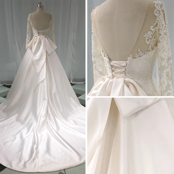 Élégant Ivoire Satin Transparentes Robe De Mariée 2019 Princesse Encolure Dégagée Percé Manches Longues Dos Nu Noeud Appliques En Dentelle Perlage Chapel Train Volants