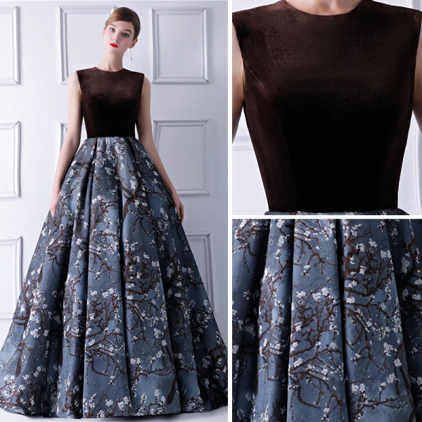 Modern / Fashion Brown Prom Dresses 2019 Ball Gown Scoop Neck Sleeveless Printing Flower Satin Court Train Ruffle Formal Dresses