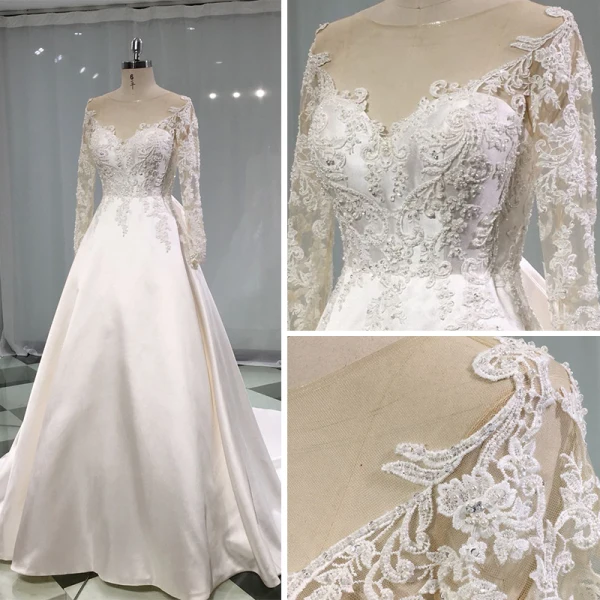 Élégant Ivoire Satin Transparentes Robe De Mariée 2019 Princesse Encolure Dégagée Percé Manches Longues Dos Nu Noeud Appliques En Dentelle Perlage Chapel Train Volants