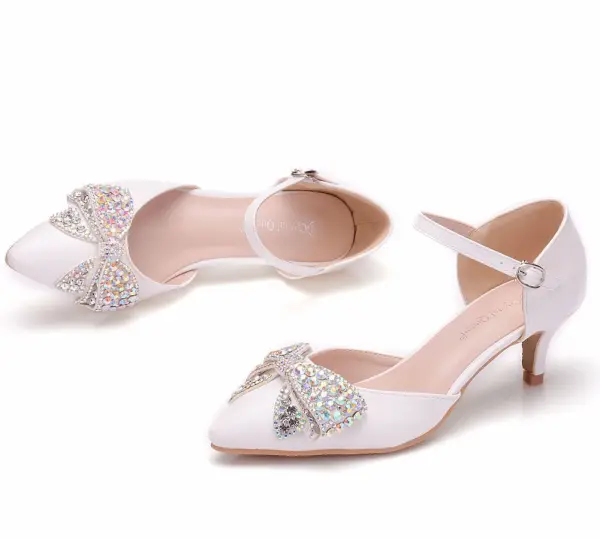 Lovely White Rhinestone Bow Wedding Shoes 2025 5 cm Stiletto Heels Pointed Toe Wedding High Heels