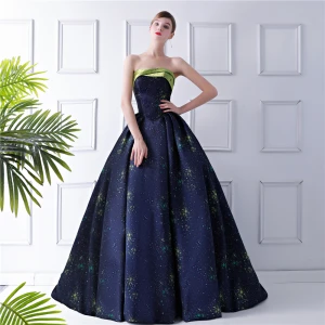Starry Sky Navy Blue Prom Dresses 2024 Ball Gown Strapless Sleeveless Court Train Ruffle Backless Formal Dresses