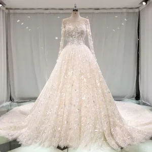 Best Champagne See Through Wedding Dresses 2019 A Line Princess Scoop Neck Pierced Long Sleeve Backless Appliques Lace Pearl Cathedral Train Ruffle