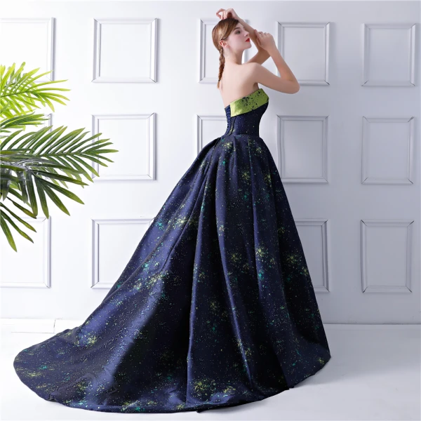 Starry Sky Navy Blue Prom Dresses 2024 Ball Gown Strapless Sleeveless Court Train Ruffle Backless Formal Dresses