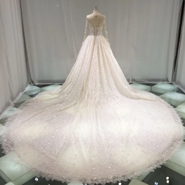 Meilleur Champagne Transparentes Robe De Mariée 2019 Princesse Encolure Dégagée Percé Manches Longues Dos Nu Appliques En Dentelle Perle Cathedral Train Volants