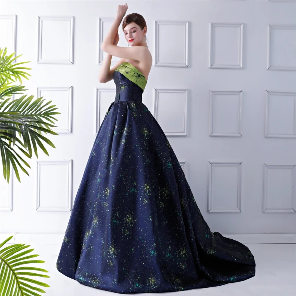 Starry Sky Navy Blue Prom Dresses 2024 Ball Gown Strapless Sleeveless Court Train Ruffle Backless Formal Dresses