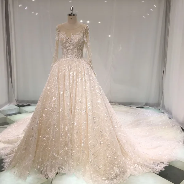 Meilleur Champagne Transparentes Robe De Mariée 2019 Princesse Encolure Dégagée Percé Manches Longues Dos Nu Appliques En Dentelle Perle Cathedral Train Volants