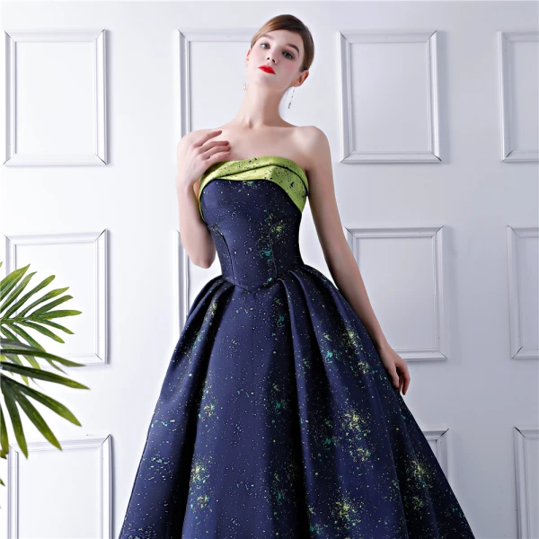 Starry Sky Navy Blue Prom Dresses 2024 Ball Gown Strapless Sleeveless Court Train Ruffle Backless Formal Dresses