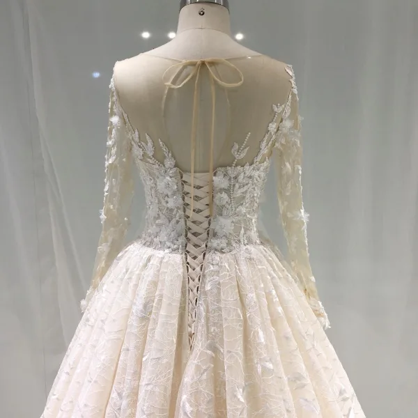 Meilleur Champagne Transparentes Robe De Mariée 2019 Princesse Encolure Dégagée Percé Manches Longues Dos Nu Appliques En Dentelle Perle Cathedral Train Volants