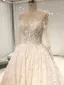Meilleur Champagne Transparentes Robe De Mariée 2019 Princesse Encolure Dégagée Percé Manches Longues Dos Nu Appliques En Dentelle Perle Cathedral Train Volants