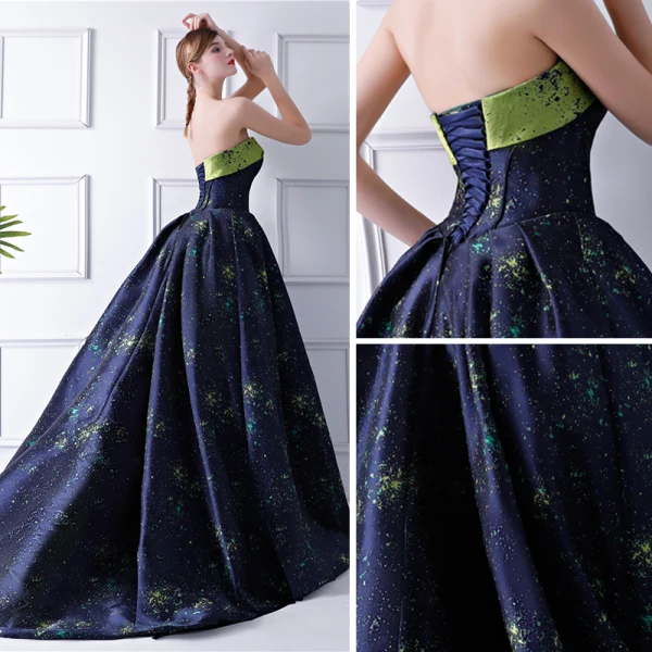 Starry Sky Navy Blue Prom Dresses 2024 Ball Gown Strapless Sleeveless Court Train Ruffle Backless Formal Dresses