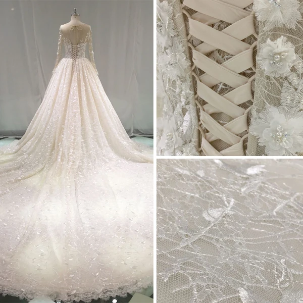 Meilleur Champagne Transparentes Robe De Mariée 2019 Princesse Encolure Dégagée Percé Manches Longues Dos Nu Appliques En Dentelle Perle Cathedral Train Volants