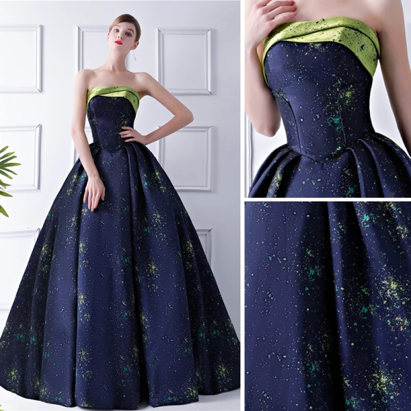 Starry Sky Navy Blue Prom Dresses 2024 Ball Gown Strapless Sleeveless Court Train Ruffle Backless Formal Dresses