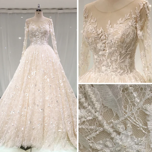 Meilleur Champagne Transparentes Robe De Mariée 2019 Princesse Encolure Dégagée Percé Manches Longues Dos Nu Appliques En Dentelle Perle Cathedral Train Volants