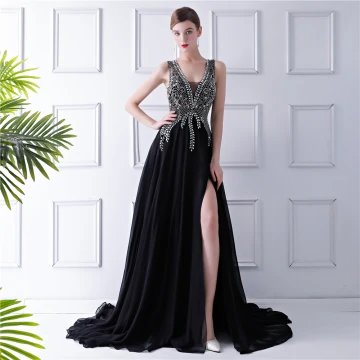 Modern Fashion Black Chiffon See Through Evening Dresses 2019 A Line Princess V Neck Sleeveless Beading Rhinestone Split Front Court Train Ruffle Formal Dresses