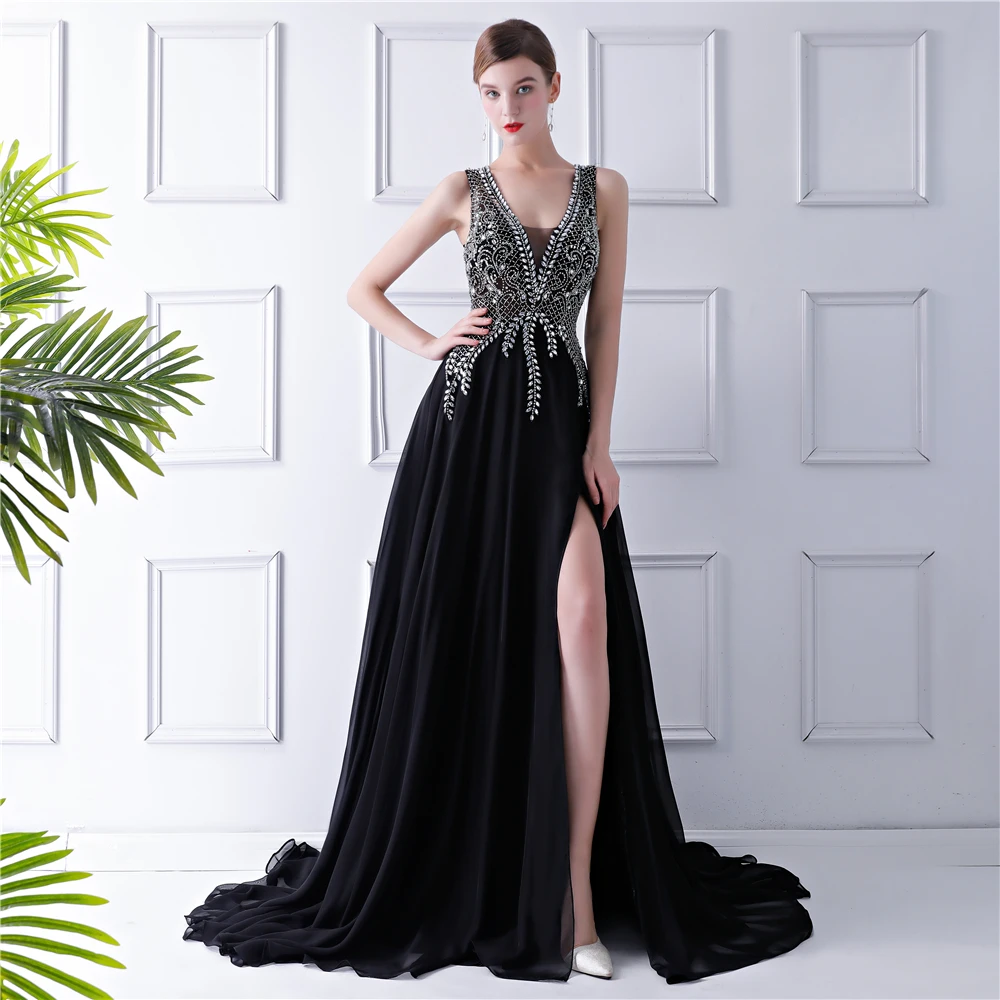 Modern Fashion Black Chiffon See Through Evening Dresses 2019 A Line  Princess V Neck Sleeveless Beading Rhinestone Split Front Court Train  Ruffle Formal Dresses