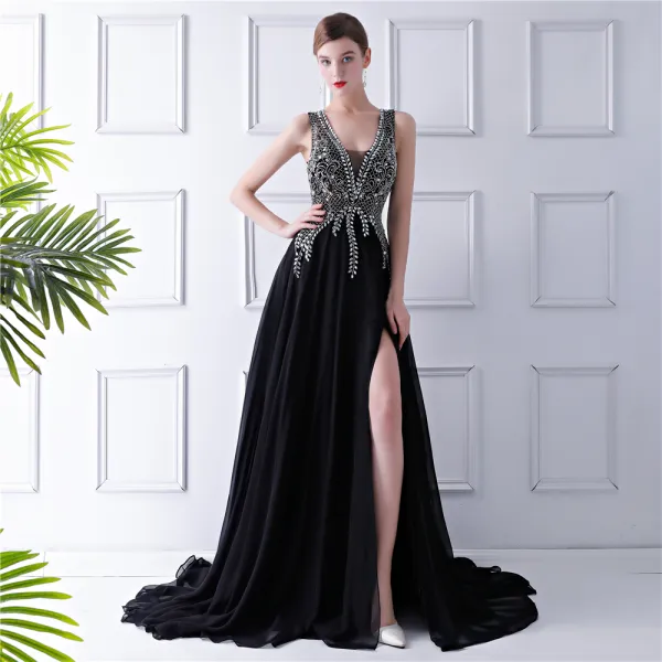 Moderne Mode Noire Chiffon Transparentes Robe De Soiree 2019 Princesse V Cou Sans Manches Perlage Faux