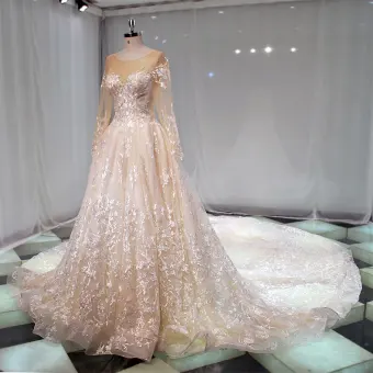 Chic Champagne Transparentes Robe De Mariée 2019 Princesse Encolure Dégagée Manches Longues Appliques En Dentelle Cathedral Train Volants