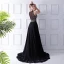 Mode Sorte Chiffon Gennemsigtig Selskabskjoler 2019 Prinsesse V-Hals Ærmeløs Beading Rhinestone Split Foran Retten Tog Flæse Kjoler