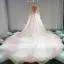 Classy Champagne See-through Wedding Dresses 2019 A-Line / Princess Scoop Neck Long Sleeve Appliques Lace Cathedral Train Ruffle