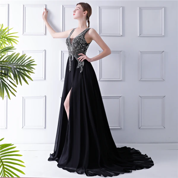 Mode Sorte Chiffon Gennemsigtig Selskabskjoler 2019 Prinsesse V-Hals Ærmeløs Beading Rhinestone Split Foran Retten Tog Flæse Kjoler