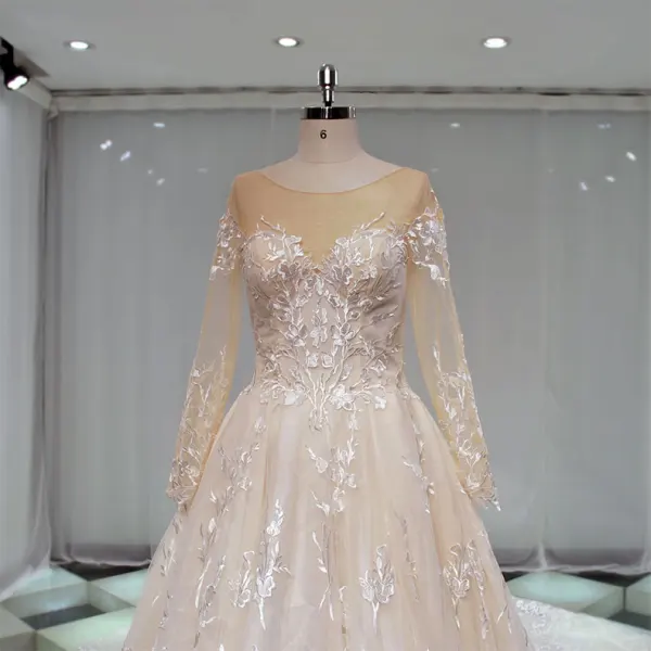 Classy Champagne See-through Wedding Dresses 2019 A-Line / Princess Scoop Neck Long Sleeve Appliques Lace Cathedral Train Ruffle