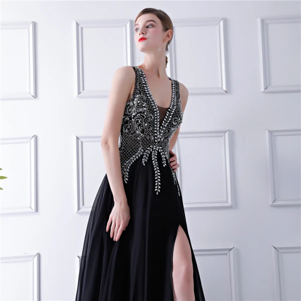 Mode Sorte Chiffon Gennemsigtig Selskabskjoler 2019 Prinsesse V-Hals Ærmeløs Beading Rhinestone Split Foran Retten Tog Flæse Kjoler
