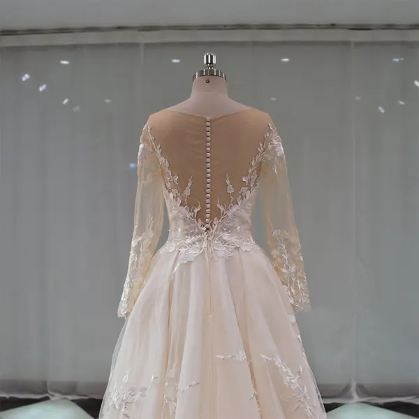 Classy Champagne See-through Wedding Dresses 2019 A-Line / Princess Scoop Neck Long Sleeve Appliques Lace Cathedral Train Ruffle
