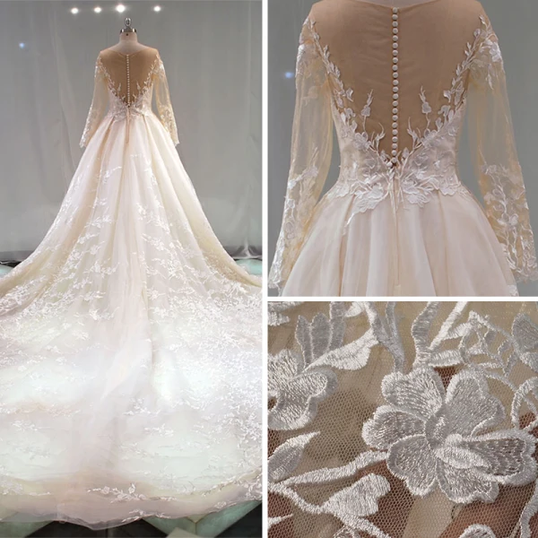 Classy Champagne See-through Wedding Dresses 2019 A-Line / Princess Scoop Neck Long Sleeve Appliques Lace Cathedral Train Ruffle