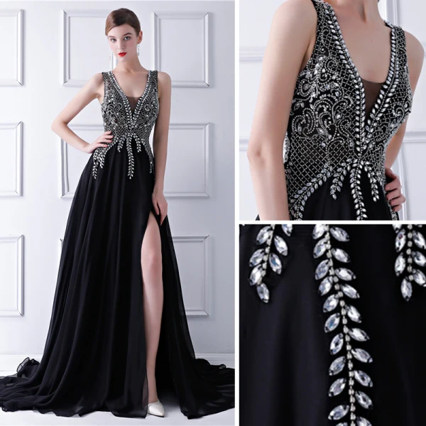 Mode Sorte Chiffon Gennemsigtig Selskabskjoler 2019 Prinsesse V-Hals Ærmeløs Beading Rhinestone Split Foran Retten Tog Flæse Kjoler