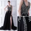 Mode Sorte Chiffon Gennemsigtig Selskabskjoler 2019 Prinsesse V-Hals Ærmeløs Beading Rhinestone Split Foran Retten Tog Flæse Kjoler