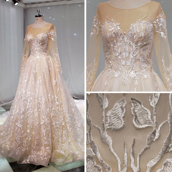 Classy Champagne See-through Wedding Dresses 2019 A-Line / Princess Scoop Neck Long Sleeve Appliques Lace Cathedral Train Ruffle