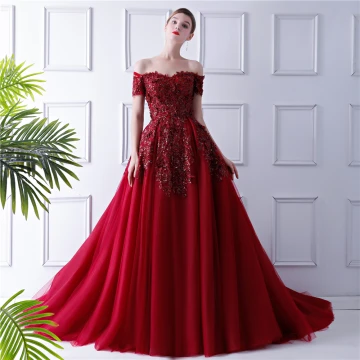 Elegant Burgundy Evening Dresses 2019 Ball Gown Off The Shoulder Short Sleeve Sequins Court Train Ruffle Backless Formal Dresses