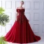 Elegant Burgundy Evening Dresses  2019 Ball Gown Off-The-Shoulder Short Sleeve Sequins Court Train Ruffle Backless Formal Dresses