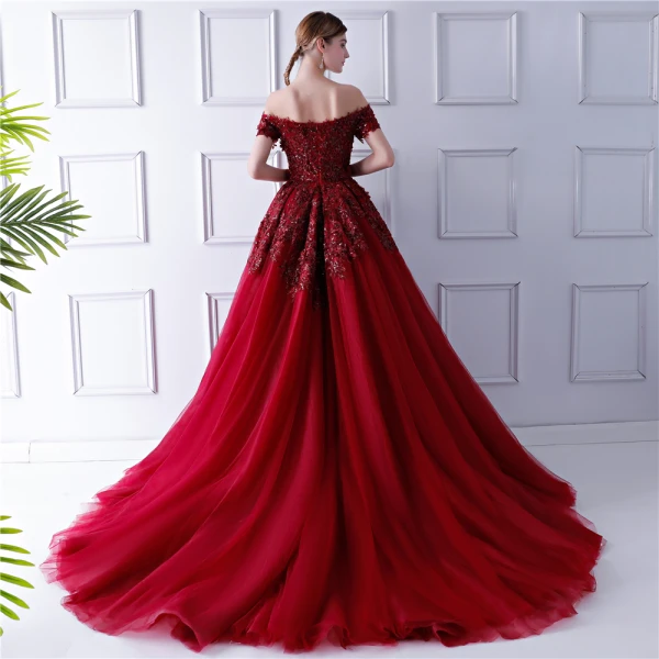 Elegant Burgundy Evening Dresses 2019 Ball Gown Off-The-Shoulder Short Sleeve Sequins Court Train Ruffle Backless Formal Dresses