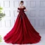 Elegant Burgundy Evening Dresses  2019 Ball Gown Off-The-Shoulder Short Sleeve Sequins Court Train Ruffle Backless Formal Dresses