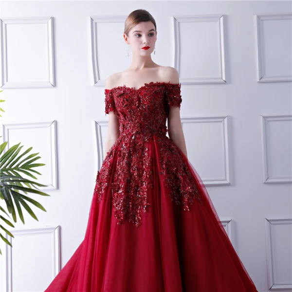 Elegant Burgundy Evening Dresses 2019 Ball Gown Off-The-Shoulder Short Sleeve Sequins Court Train Ruffle Backless Formal Dresses