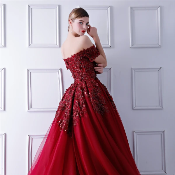 Elegant Burgundy Evening Dresses 2019 Ball Gown Off-The-Shoulder Short Sleeve Sequins Court Train Ruffle Backless Formal Dresses