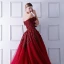 Elegant Burgundy Evening Dresses  2019 Ball Gown Off-The-Shoulder Short Sleeve Sequins Court Train Ruffle Backless Formal Dresses