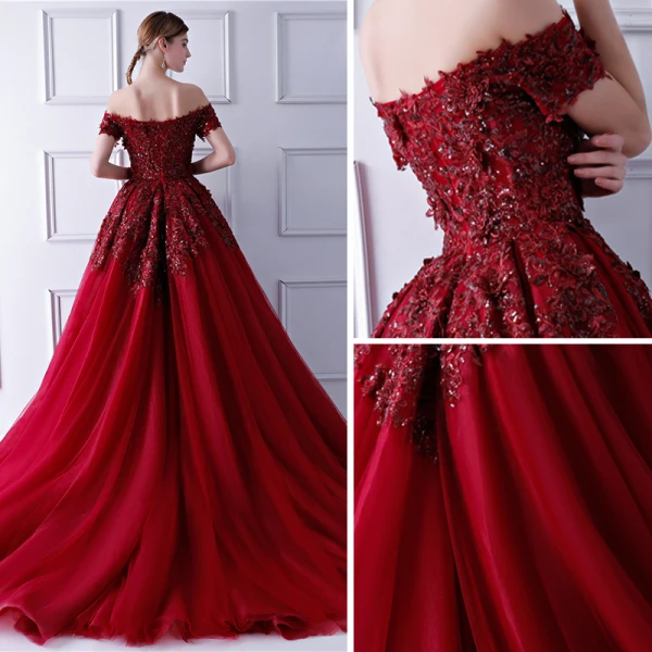Elegant Burgundy Evening Dresses 2019 Ball Gown Off-The-Shoulder Short Sleeve Sequins Court Train Ruffle Backless Formal Dresses