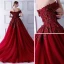Elegant Burgundy Evening Dresses  2019 Ball Gown Off-The-Shoulder Short Sleeve Sequins Court Train Ruffle Backless Formal Dresses