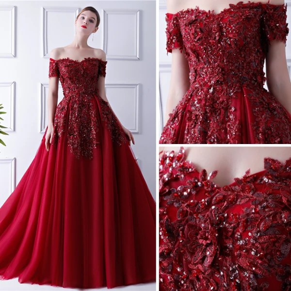 Elegant Burgundy Evening Dresses 2019 Ball Gown Off-The-Shoulder Short Sleeve Sequins Court Train Ruffle Backless Formal Dresses