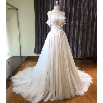 Chic Beautiful Champagne Wedding Dresses 2019 A Line Princess Off The Shoulder Short Sleeve Backless Appliques Lace Pearl Glitter Tulle Chapel Train Ruffle
