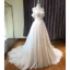 Chic / Beautiful Champagne Wedding Dresses 2019 A-Line / Princess Off-The-Shoulder Short Sleeve Backless Appliques Lace Pearl Glitter Tulle Chapel Train Ruffle